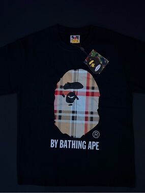 Bape Black Tee with Beige & Red Plaid Ape Head